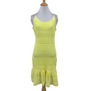 Sara Boo Dress Womens S Small Yellow Crochet Knit Bodycon Sleeveless Flounce Hem